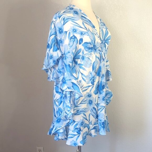 Kori  M/L Swim Cover Up White Blue Florals front Tie Kaftan - Picture 2 of 7
